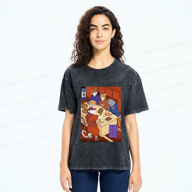 Tokyo-Tiger Cats At Dinner Party Washed T-Shirt