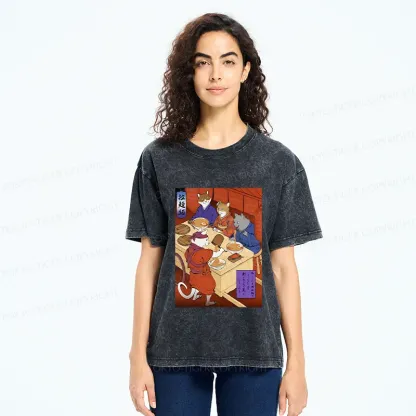 Tokyo-Tiger Cats At Dinner Party Washed T-Shirt