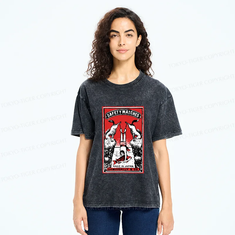 Tokyo-Tiger Catch Fish Funny Washed T-Shirt