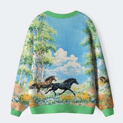 Tokyo-Tiger Horses in Bloom Ugly Cardigan Sweater
