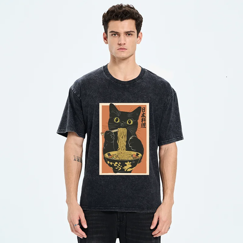 Tokyo-Tiger Black Cat Eats Japan Ramen Washed T-Shirt