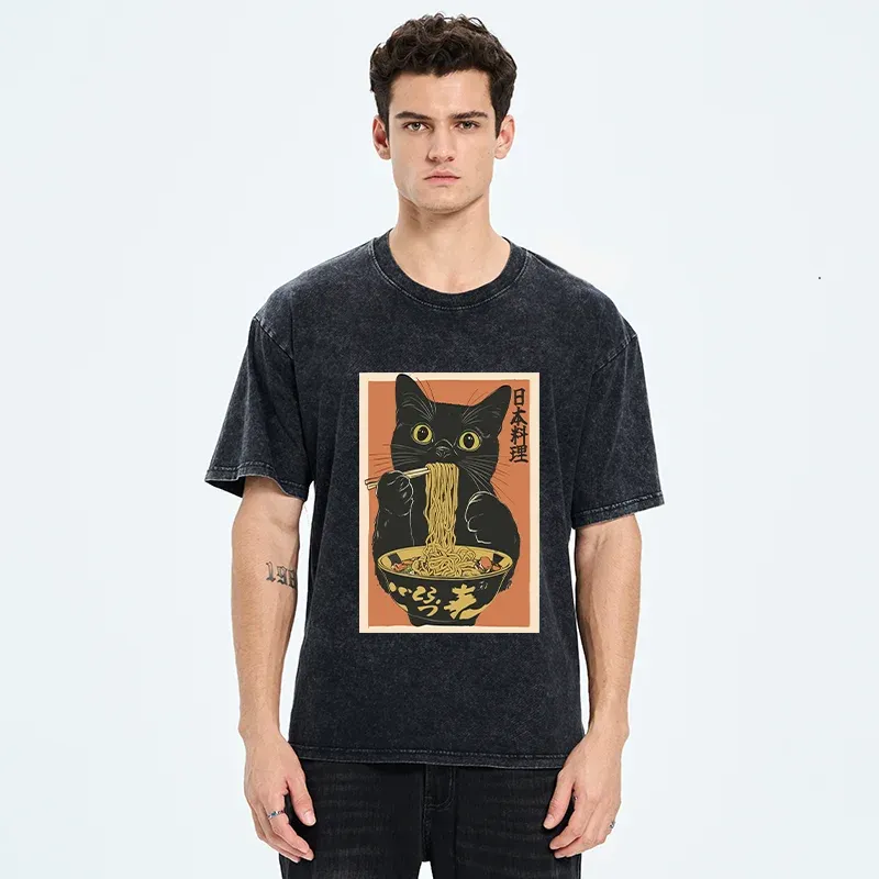 Tokyo-Tiger Black Cat Eats Japan Ramen Washed T-Shirt