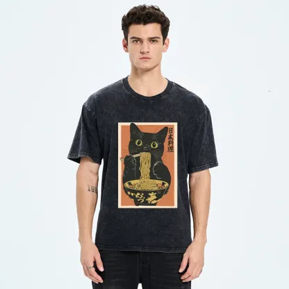 Tokyo-Tiger Black Cat Eats Japan Ramen Washed T-Shirt