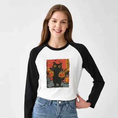 Tokyo-Tiger Cat Fishing Japanese Women's Crop Raglan T-Shirt