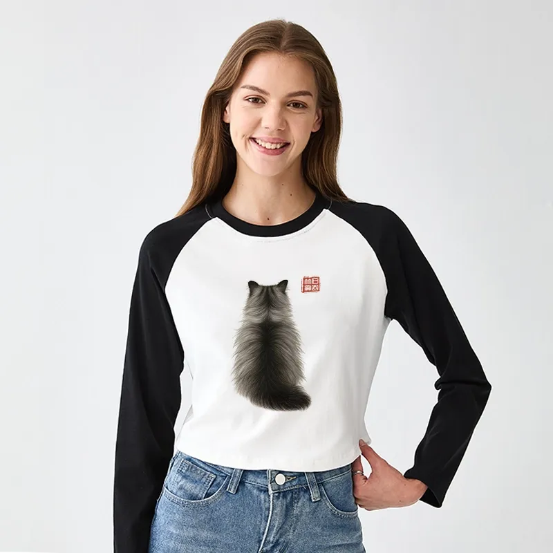 Tokyo-Tiger Cat's Back Ink Painting Women's Crop Raglan T-Shirt
