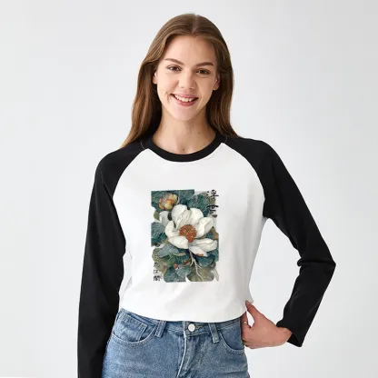 Tokyo-Tiger Ukiyoe Magnolia Flower Poster Women's Crop Raglan T-Shirt