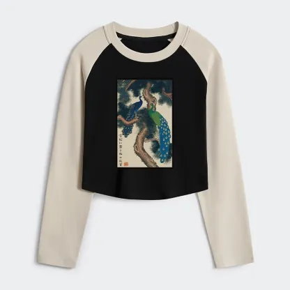 Tokyo-Tiger Peacocks in Snowy Pines Women's Crop Raglan T-Shirt