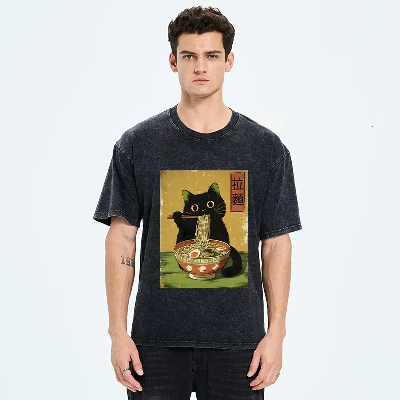 Tokyo-Tiger Vintage Japanese Cat Eating Ramen Washed T-Shirt