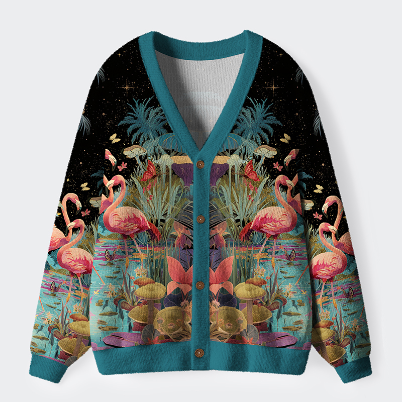 Tokyo-Tiger Midnight Flamingo Waltz Ugly Cardigan Sweater