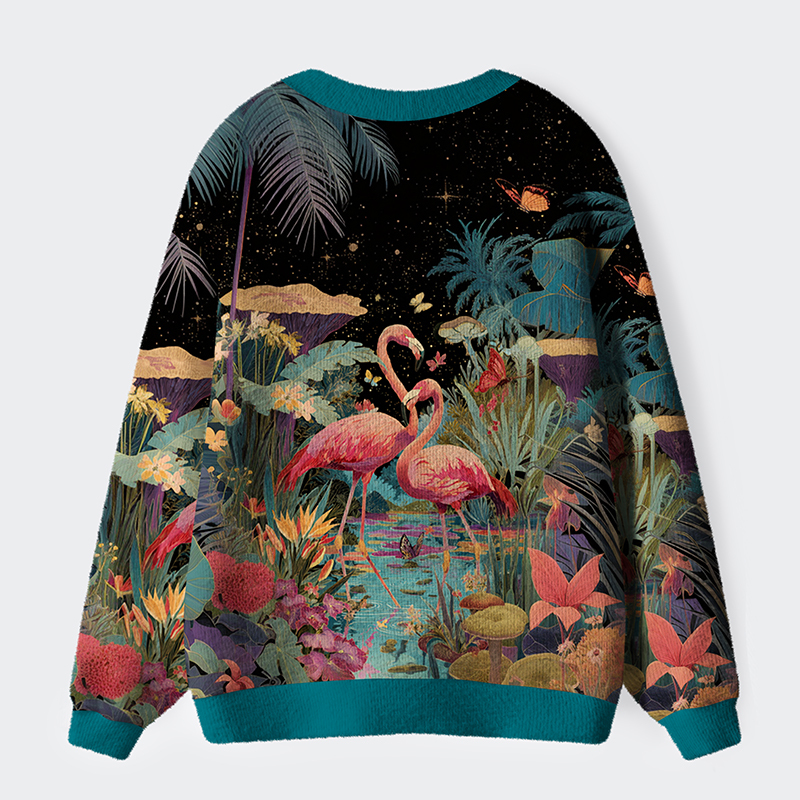 Tokyo-Tiger Midnight Flamingo Waltz Ugly Cardigan Sweater