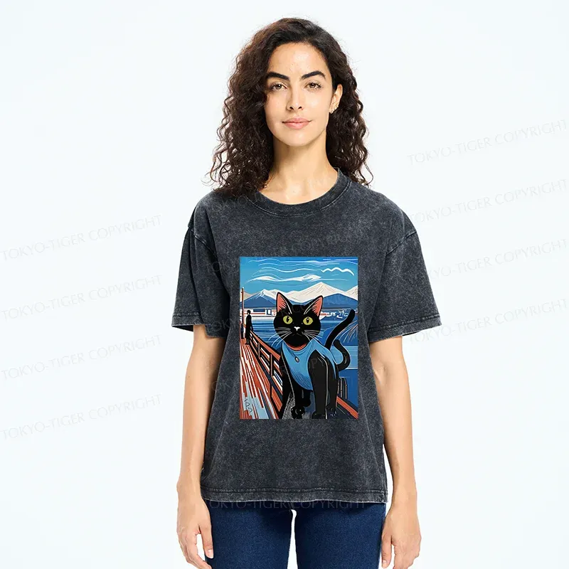 Tokyo-Tiger Cat On The Fence Washed T-Shirt