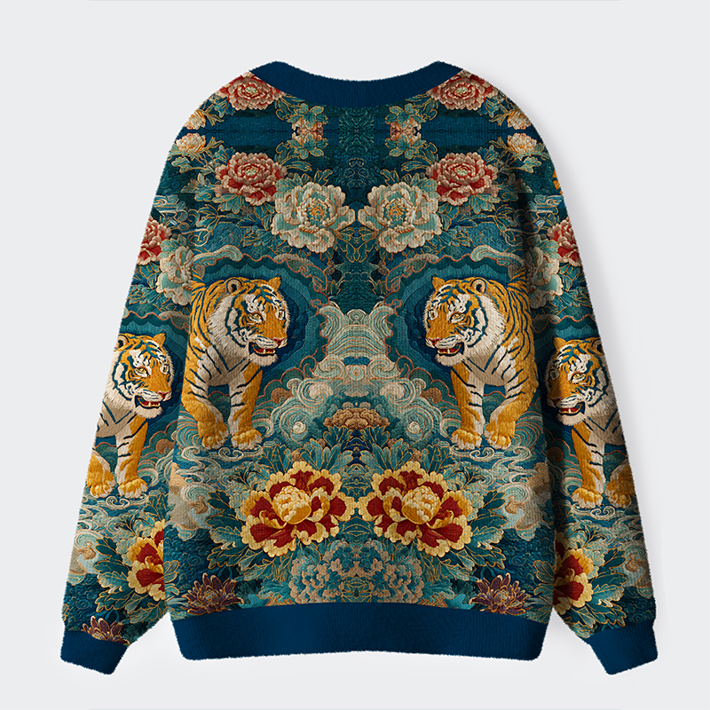 Tokyo-Tiger Imperial Tiger Tapestry Ugly Cardigan Sweater