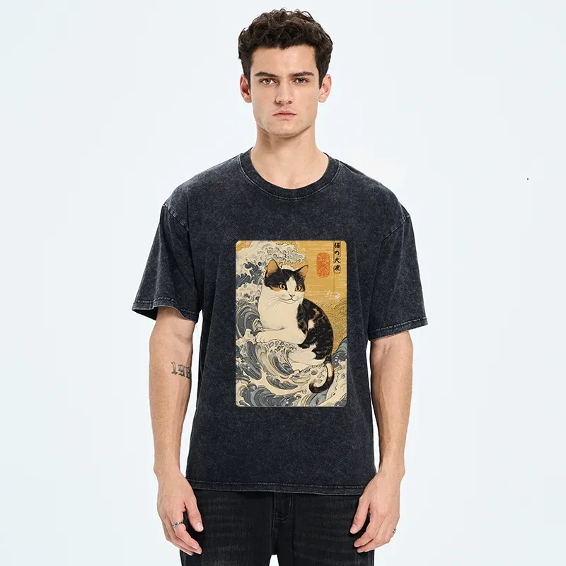 Tokyo-Tiger Surfing Cat Washed T-Shirt
