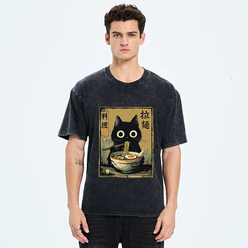 Tokyo-Tiger Cute Black Cat Eating Ramen Washed T-Shirt