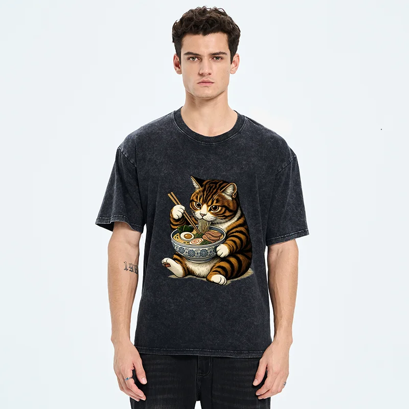 Tokyo-Tiger Tabby Cat Eats Ramen Washed T-Shirt