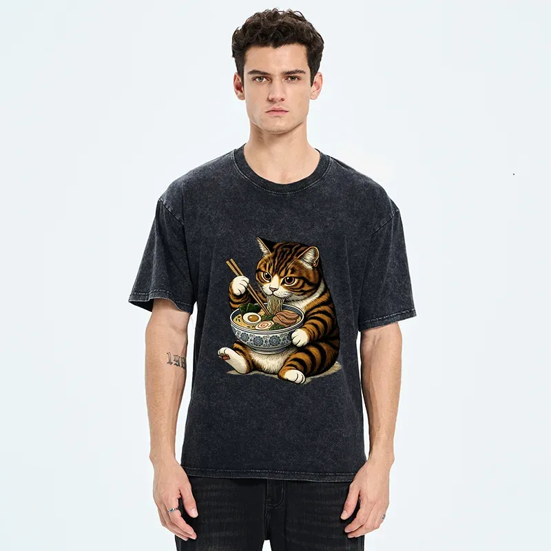 Tokyo-Tiger Tabby Cat Eats Ramen Washed T-Shirt