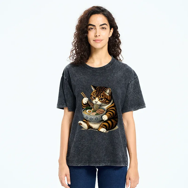 Tokyo-Tiger Tabby Cat Eats Ramen Washed T-Shirt