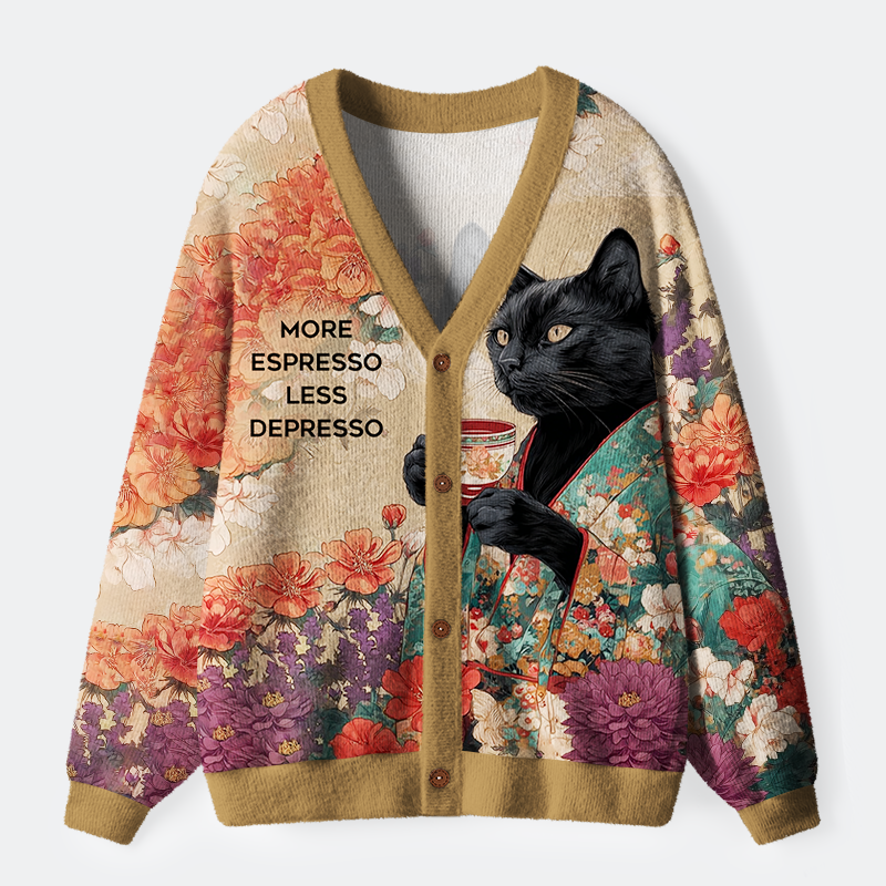 Tokyo-Tiger Cat:More Espresso, Less Depresso Ugly Cardigan Sweater