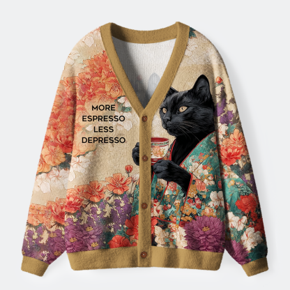 Tokyo-Tiger Cat:More Espresso, Less Depresso Ugly Cardigan Sweater