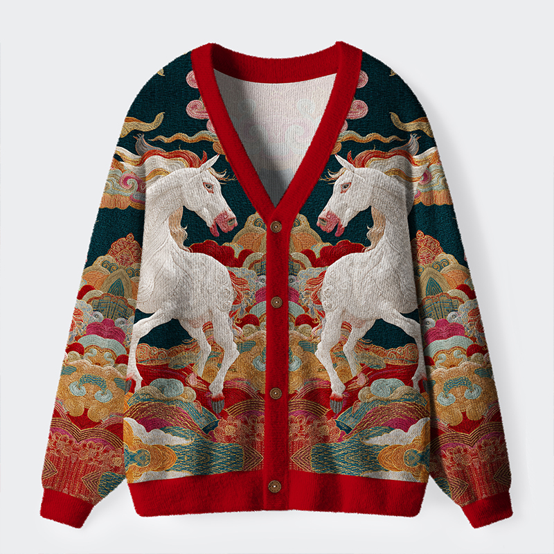 Tokyo-Tiger Celestial Steeds In Auspicious Clouds Ugly Cardigan Sweater