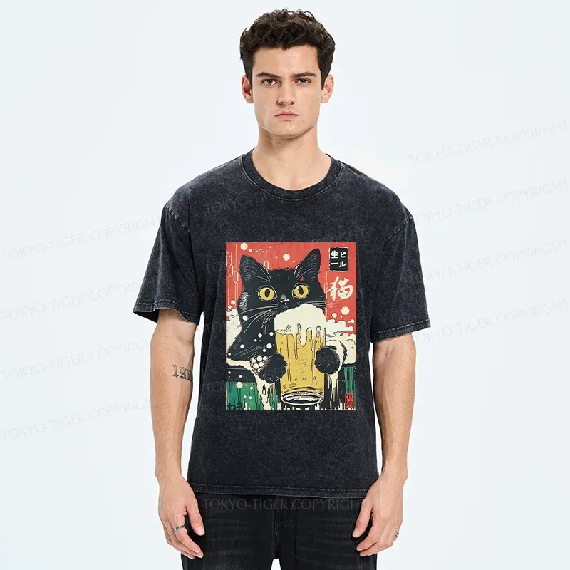 Tokyo-Tiger Cat Drinking Beer Funny Washed T-Shirt