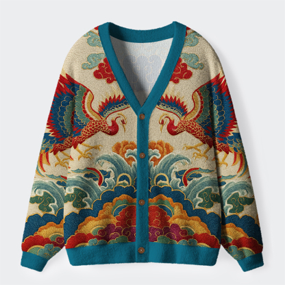 Tokyo-Tiger Vermilion Phoenixes in Brocade Skies Ugly Cardigan Sweater