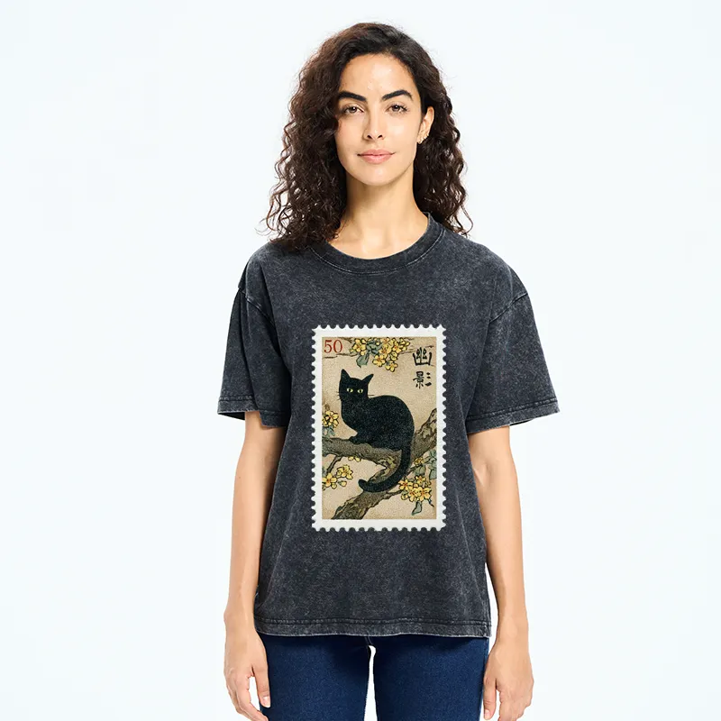 Tokyo-Tiger Golden Blossom Black Cat Post Washed T-Shirt