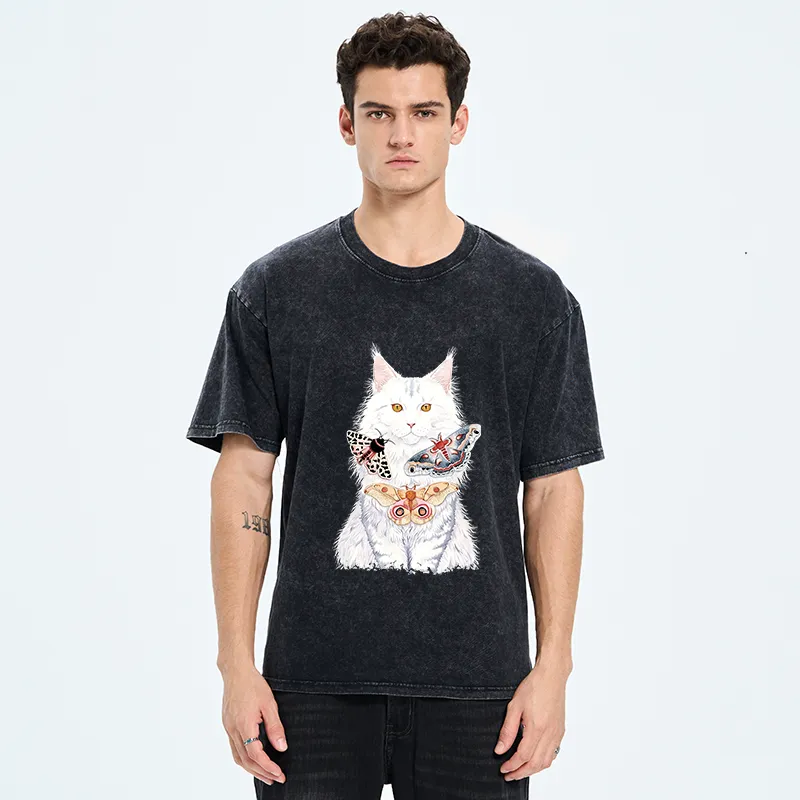 Tokyo-Tiger Elegant White Cat Washed T-Shirt