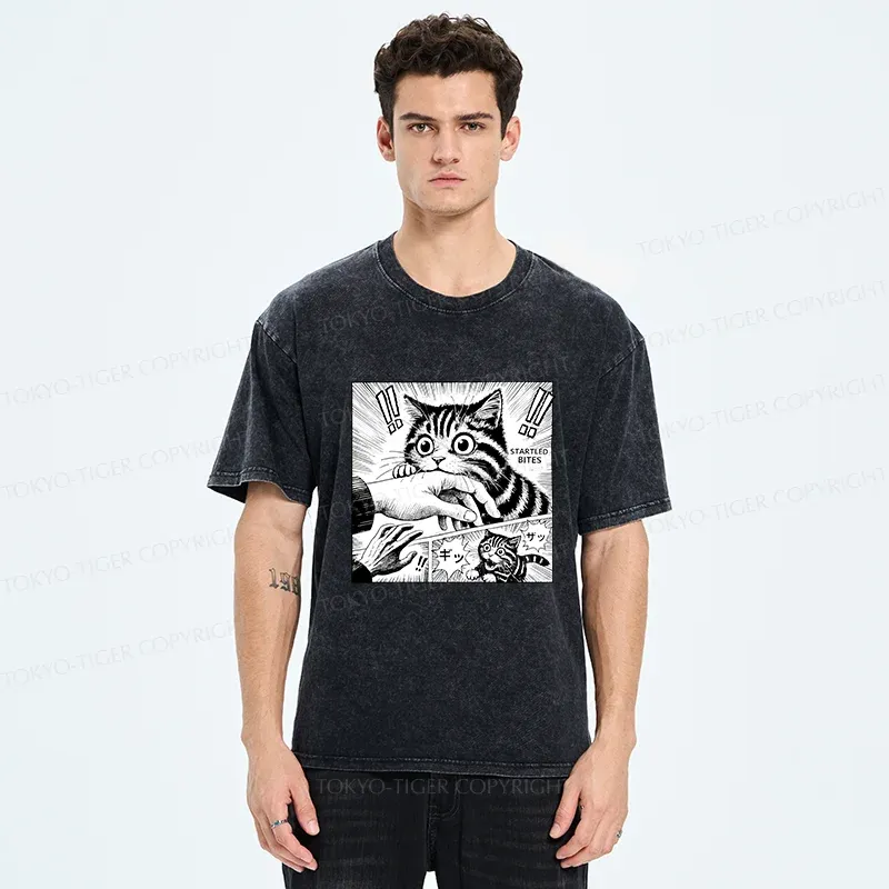 Tokyo-Tiger Cat Biting Funny Washed T-Shirt