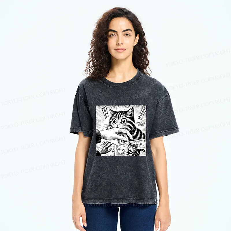 Tokyo-Tiger Cat Biting Funny Washed T-Shirt