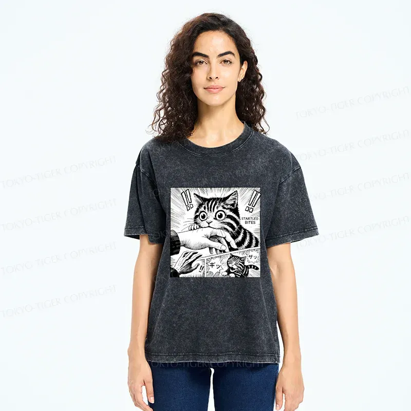 Tokyo-Tiger Cat Biting Funny Washed T-Shirt