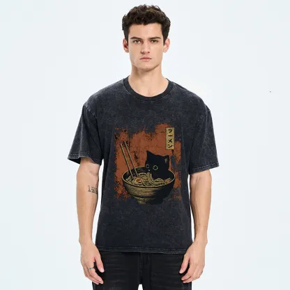 Tokyo-Tiger Retro Cat Eating Japan Ramen Washed T-Shirt