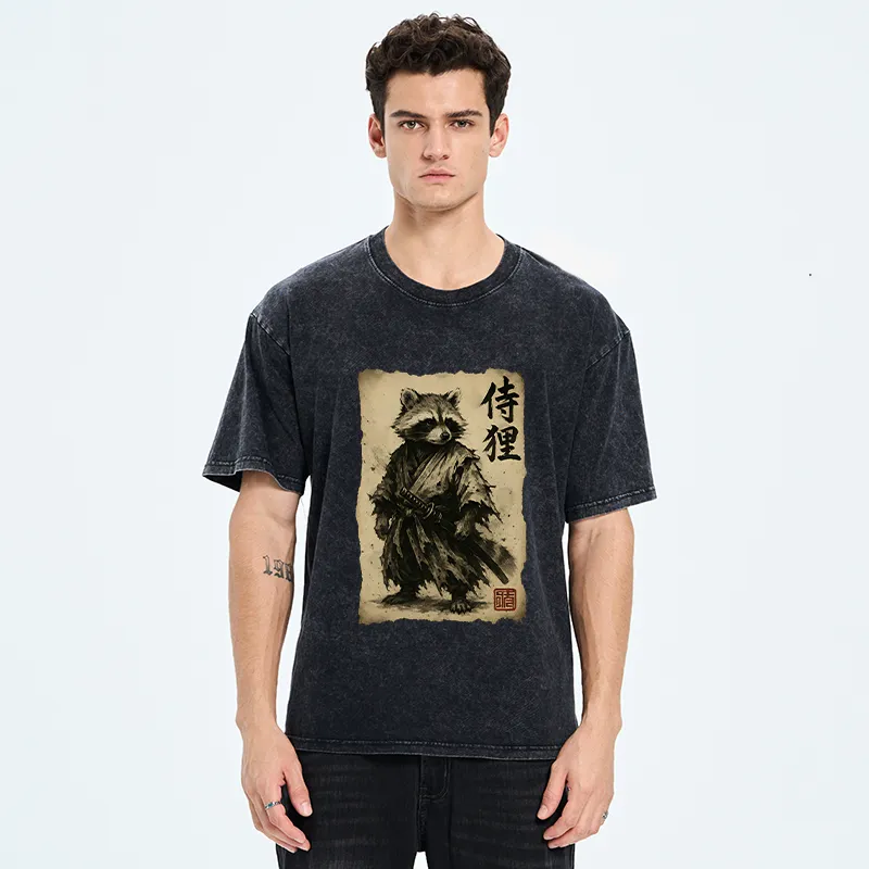Tokyo-Tiger Retro Raccoon Samurai Washed T-Shirt