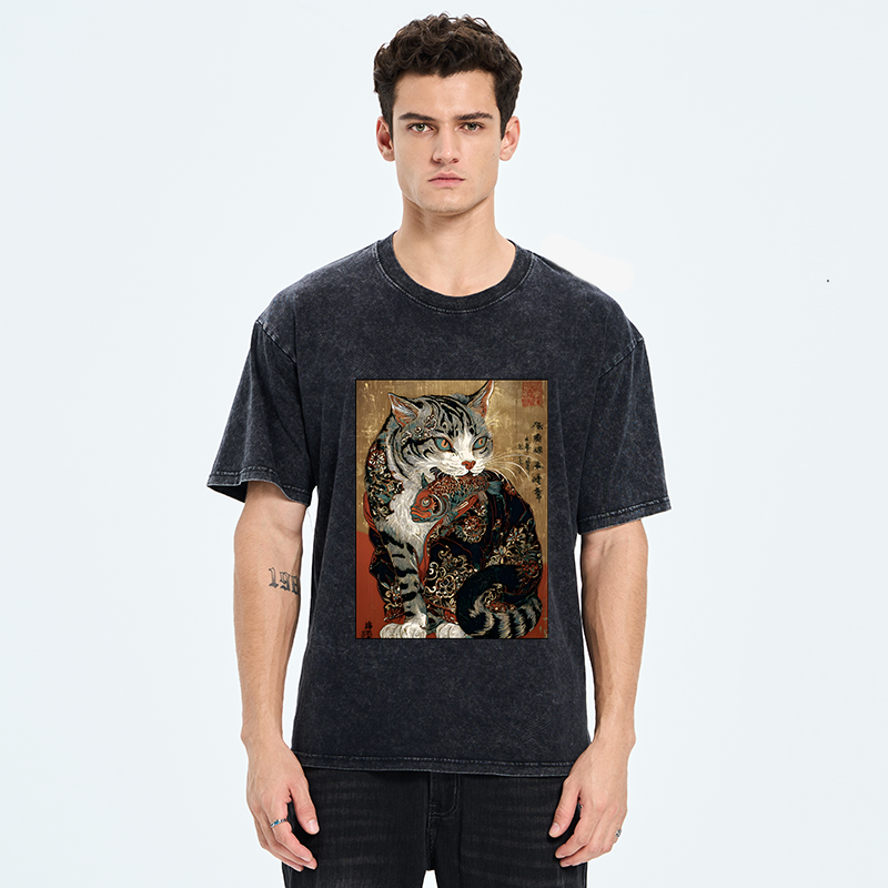 Tokyo-Tiger Gorgeous Cat Eats Fish Washed T-Shirt