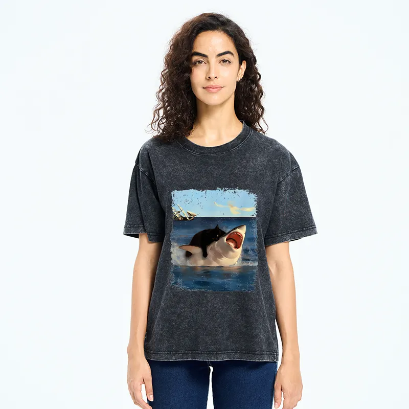Tokyo-Tiger Cat Bites Shark Washed T-Shirt