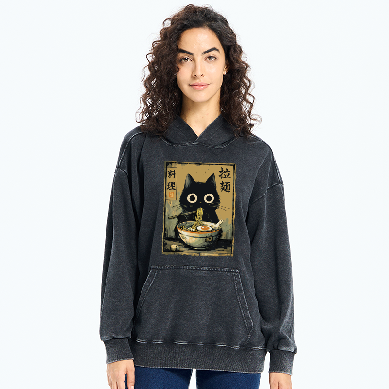 Tokyo-Tiger Cute Black Cat Eating Ramen Japan Washed Hoodie