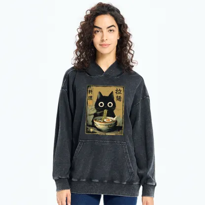 Tokyo-Tiger Cute Black Cat Eating Ramen Japan Washed Hoodie