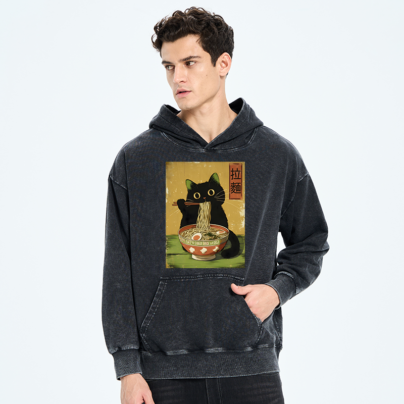 Tokyo-Tiger Vintage Japanese Cat Eating Ramen Washed Hoodie
