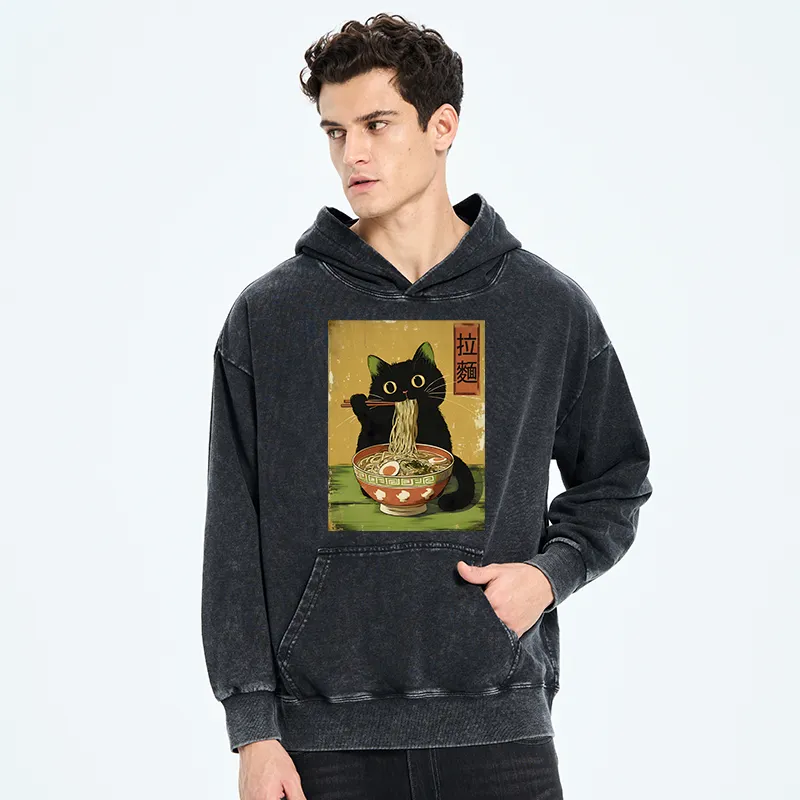Tokyo-Tiger Vintage Japanese Cat Eating Ramen Washed Hoodie