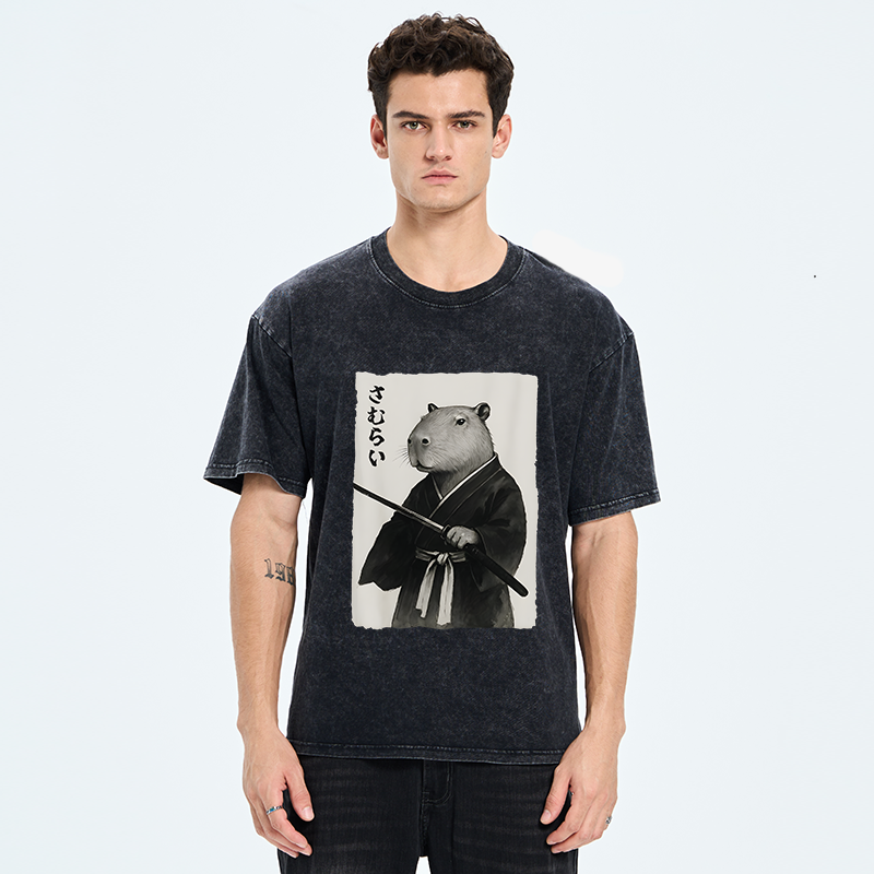Tokyo-Tiger Capybara Japanese Samurai Washed T-Shirt