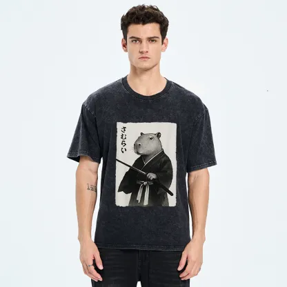 Tokyo-Tiger Capybara Japanese Samurai Washed T-Shirt