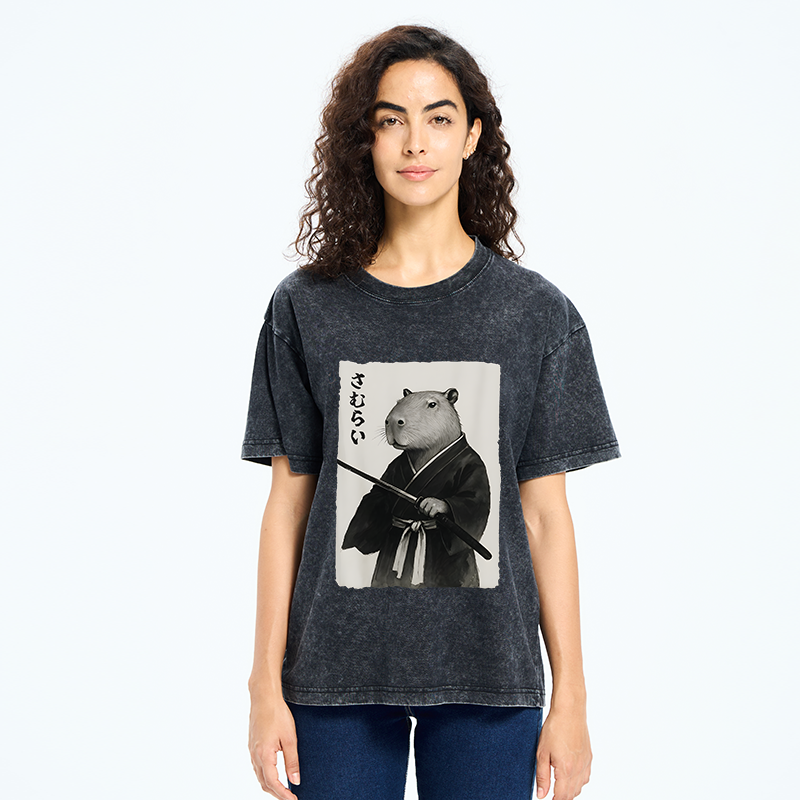 Tokyo-Tiger Capybara Japanese Samurai Washed T-Shirt