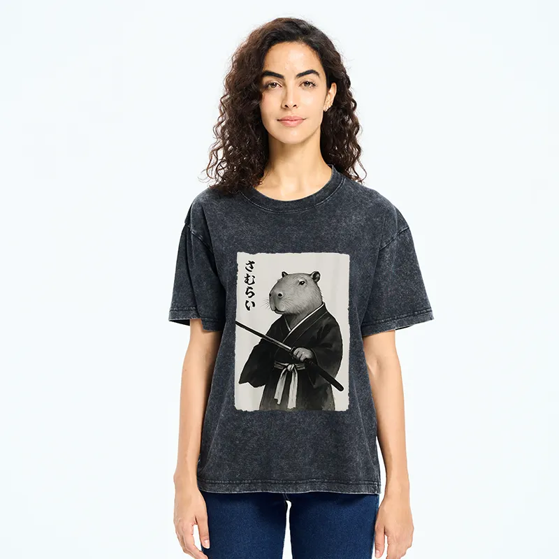 Tokyo-Tiger Capybara Japanese Samurai Washed T-Shirt