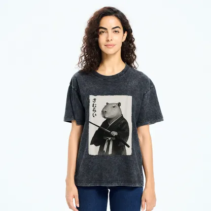 Tokyo-Tiger Capybara Japanese Samurai Washed T-Shirt