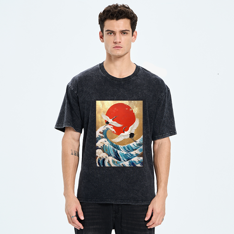 Tokyo-Tiger Cranes And Waves Ukiyo-e Washed T-Shirt