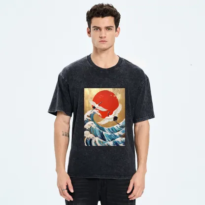 Tokyo-Tiger Cranes And Waves Ukiyo-e Washed T-Shirt