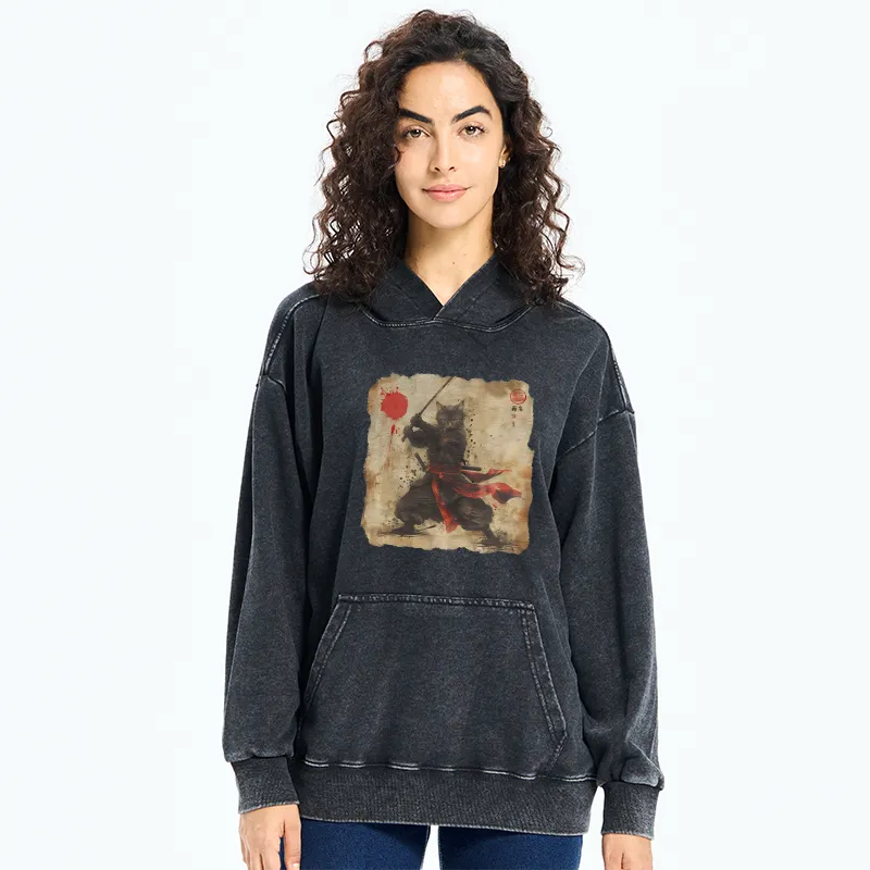 Tokyo-Tiger Retro Japanese Samurai Cat Washed Hoodie