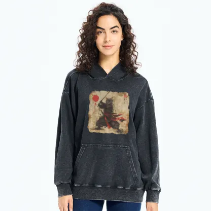 Tokyo-Tiger Retro Japanese Samurai Cat Washed Hoodie
