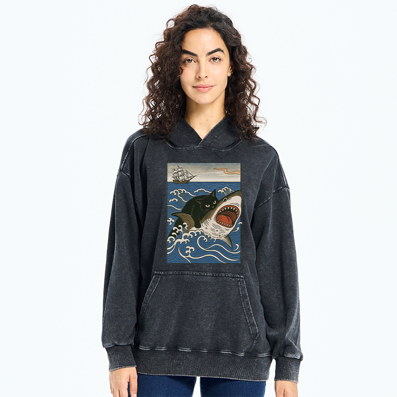 Tokyo-Tiger Cat Hunting Shark Washed Hoodie