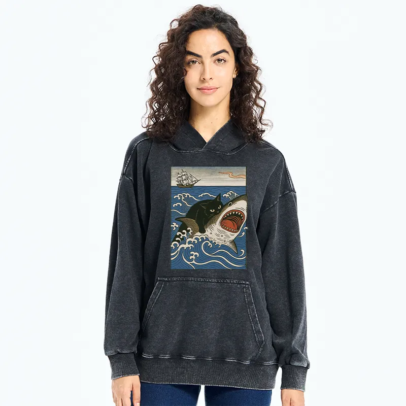 Tokyo-Tiger Cat Hunting Shark Washed Hoodie